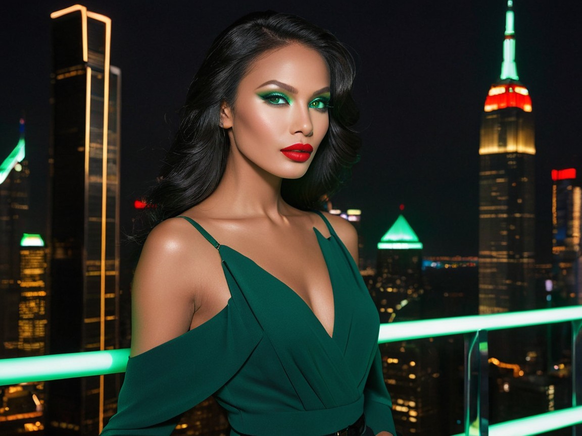 Woman in Green Dress Against Night City Skyline