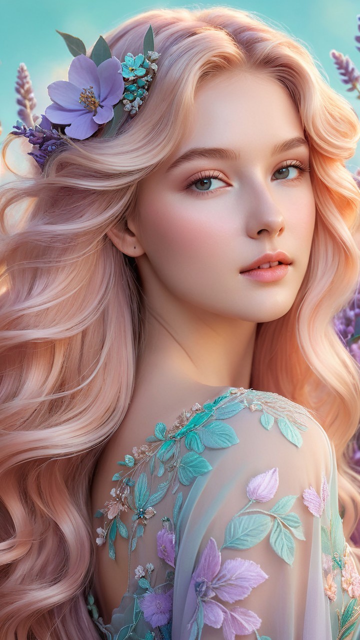 Pastel Pink Hair and Floral Gown in Dreamy Setting