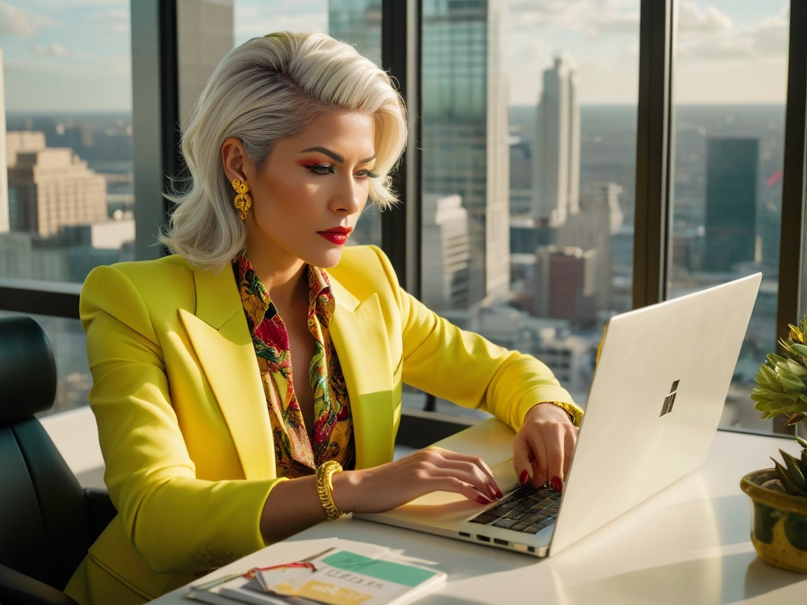 Stylish woman in yellow blazer at modern office desk