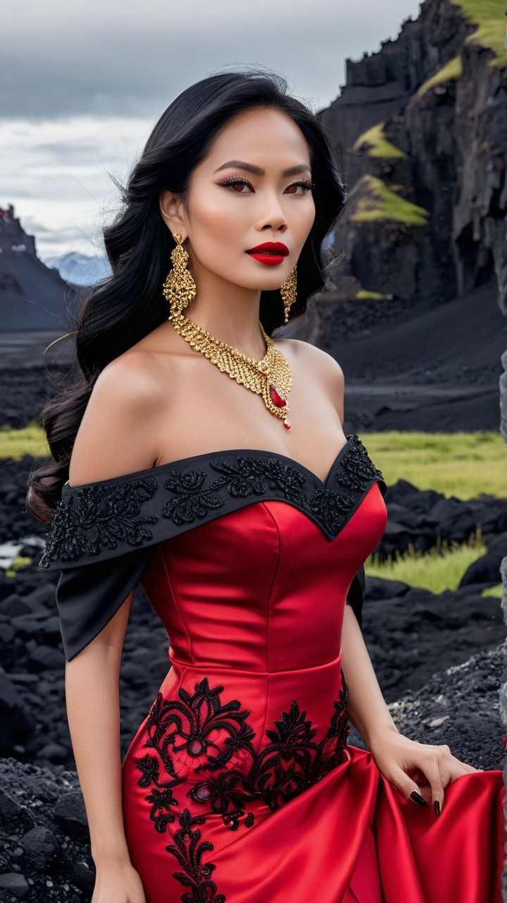 Elegant Woman in Red Gown with Black Embroidery