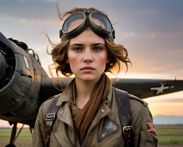 Young Woman in Vintage Pilot Gear by Aircraft