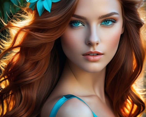 Young woman in turquoise dress with red hair and flowers