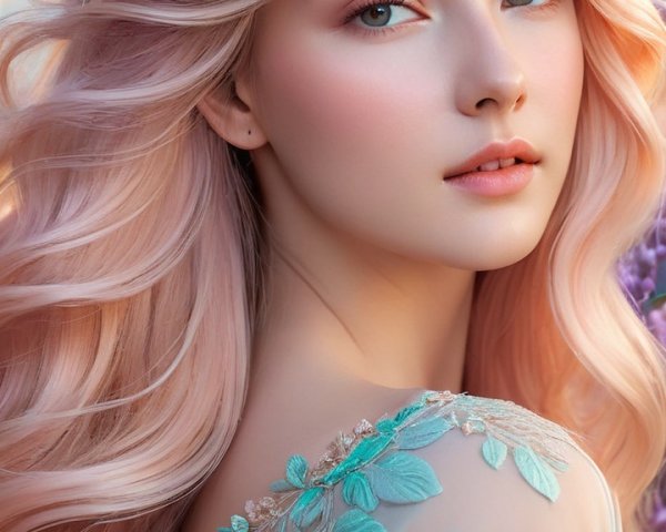 Pastel Pink Hair and Floral Gown in Dreamy Setting