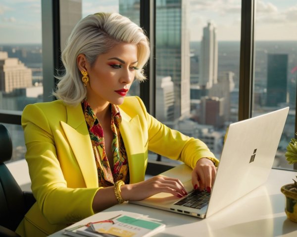 Stylish woman in yellow blazer at modern office desk