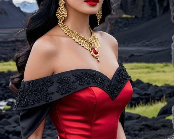 Elegant Woman in Red Gown with Black Embroidery