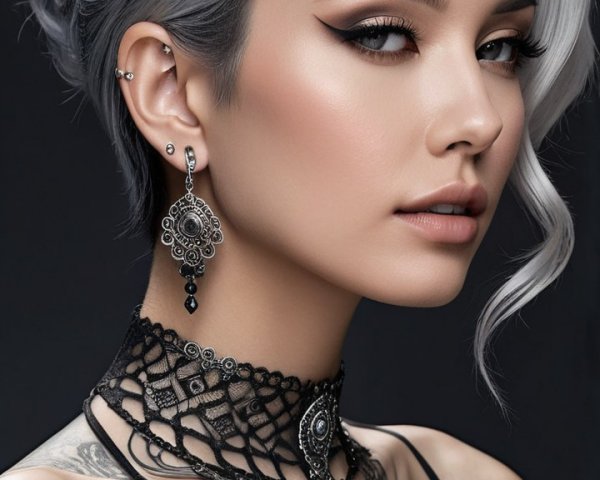 Close-up Portrait of a Woman with Silver Hair and Tattoos