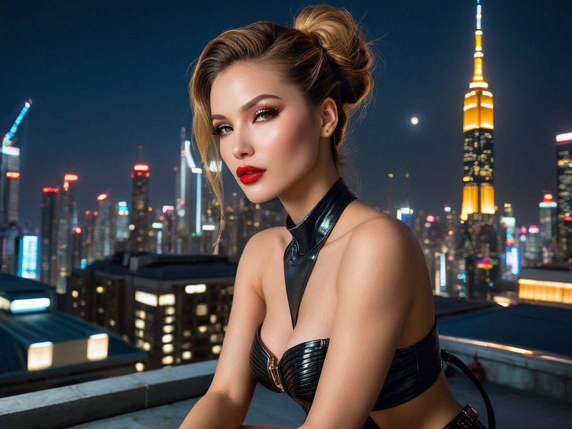 Glamorous Woman in Bold Makeup Against City Skyline