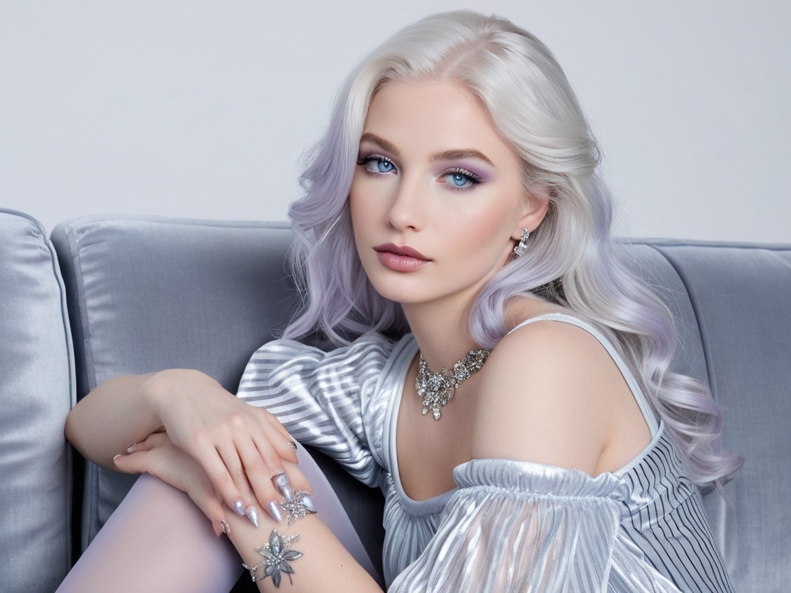 Young woman with platinum blonde hair and silver top