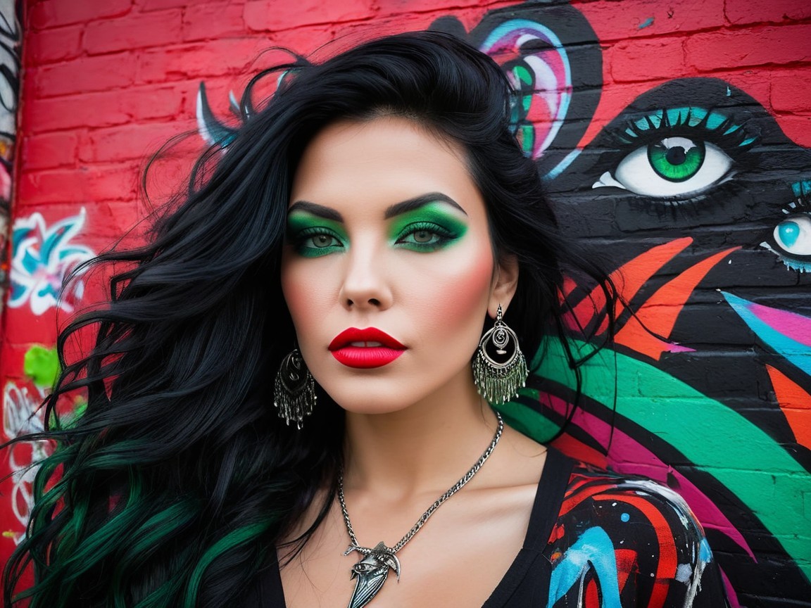 Portrait of a woman with bold makeup and street art