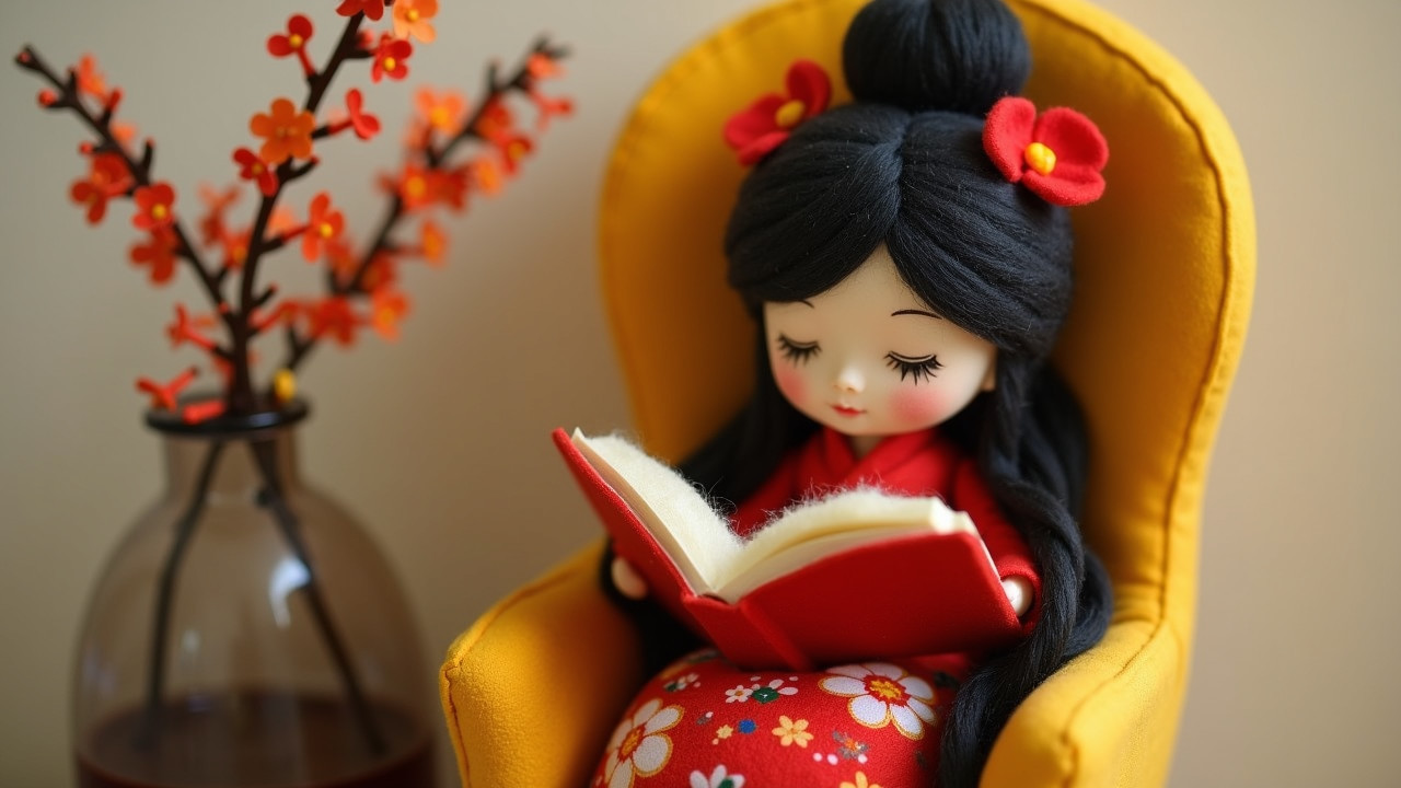 Doll in Red Kimono Reading in Yellow Armchair