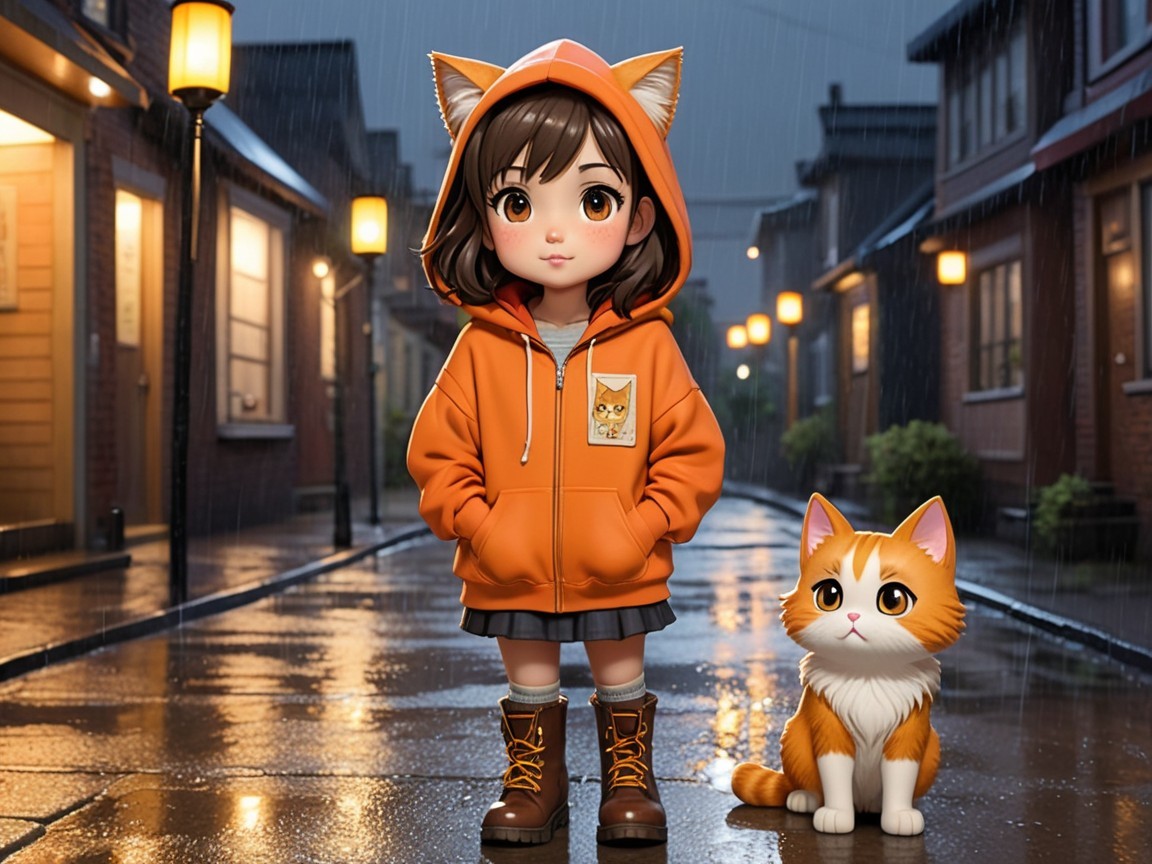 Young girl in orange hoodie with cat ears on street