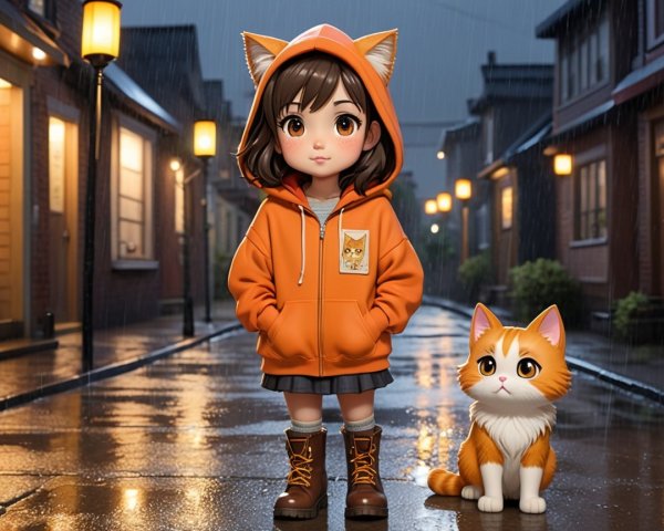 Young girl in orange hoodie with cat ears on street