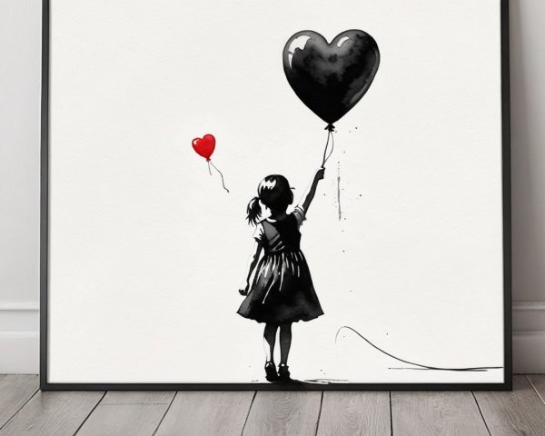Silhouette of a girl with heart-shaped balloons