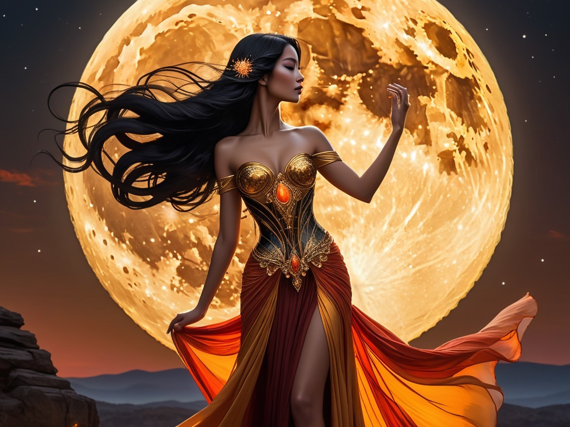 Elegant figure in gown against glowing full moon