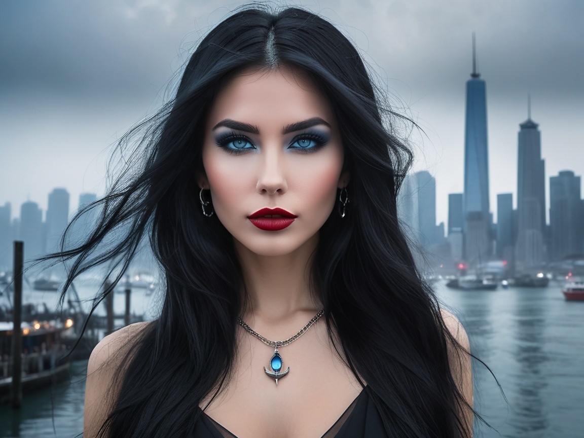 Woman with Black Hair Against Urban Skyline Background