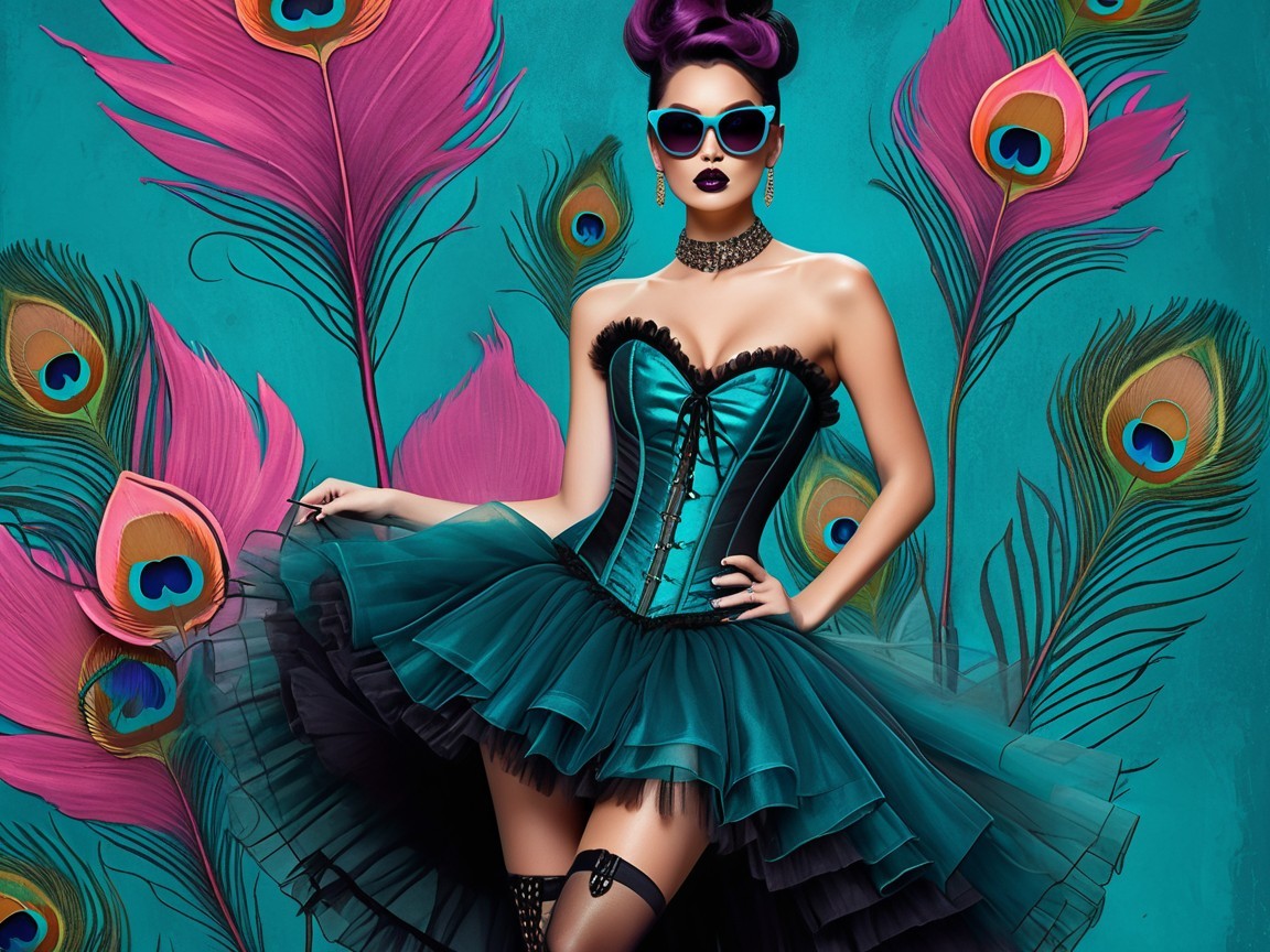Vintage Corset Dress with Teal Tulle and Peacock Feathers