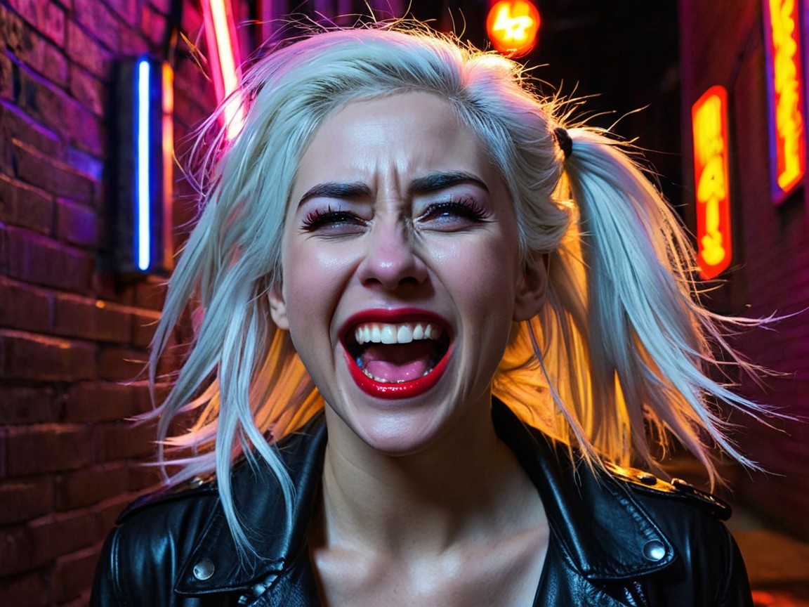 Young woman with blonde hair in neon-lit alley