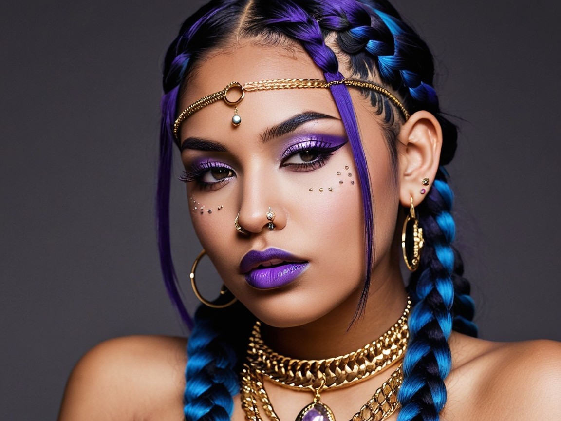 Portrait of a Woman with Braided Hair and Bold Makeup