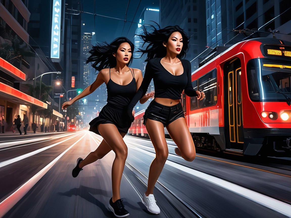 Nighttime Cityscape with Women Running on Tracks