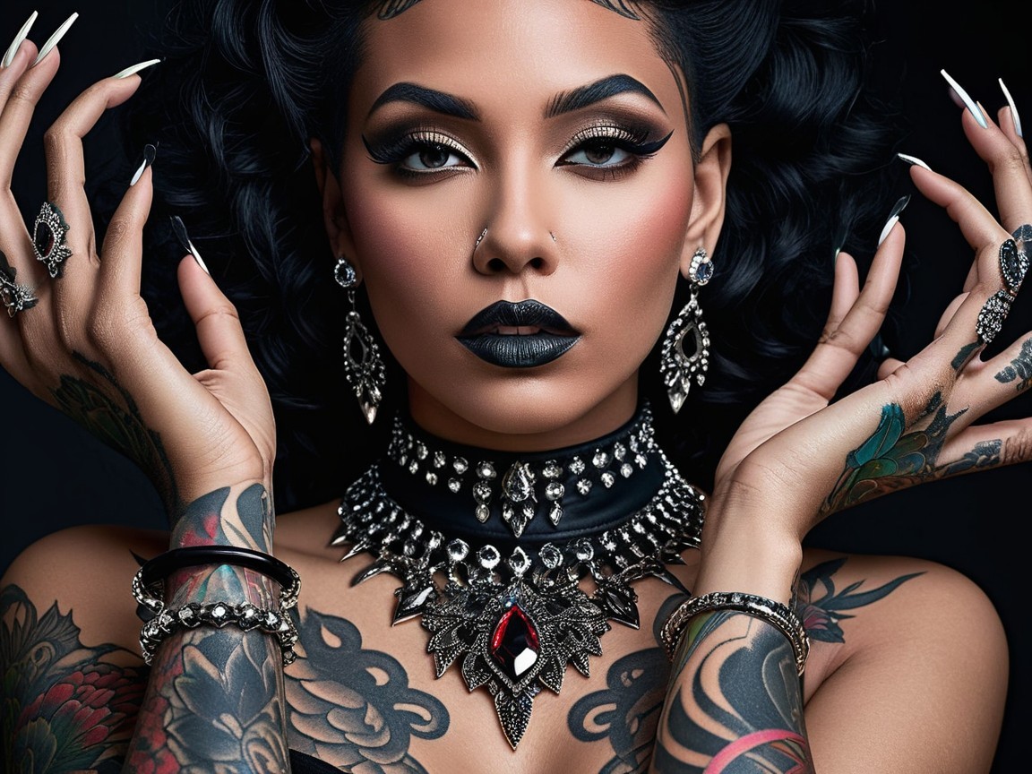 Portrait of a Woman with Bold Makeup and Jewelry