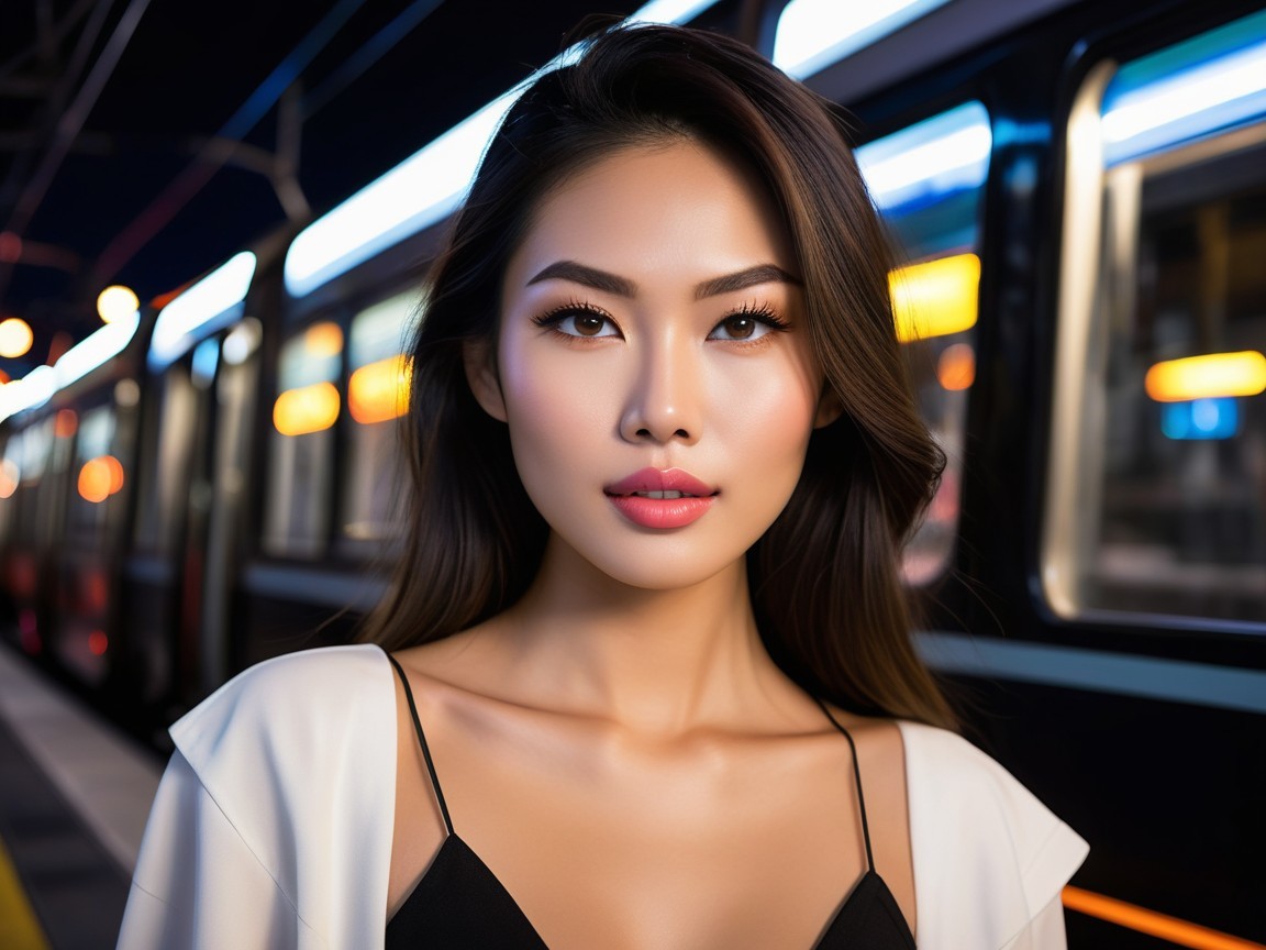 Young Woman at Train Station with Vibrant Lights