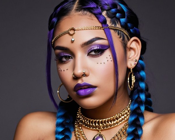 Portrait of a Woman with Braided Hair and Bold Makeup