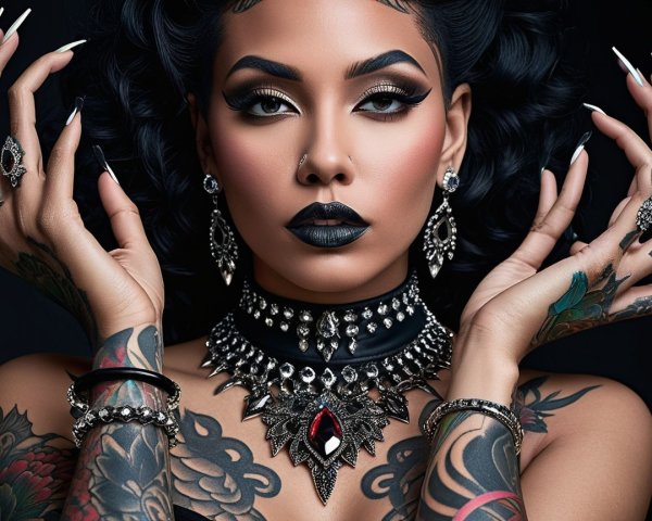 Portrait of a Woman with Bold Makeup and Jewelry
