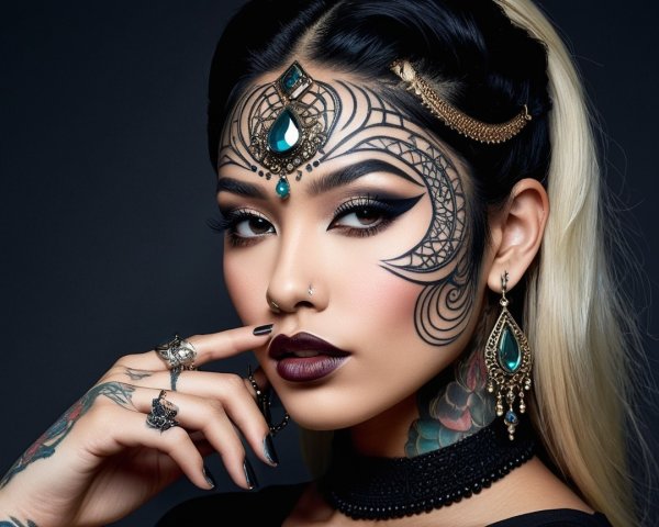 Woman with Intricate Facial Tattoos and Bold Makeup