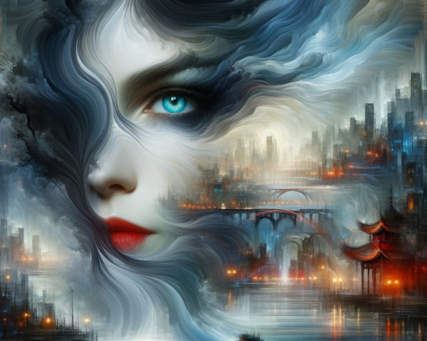 Ethereal Woman with Blue Eyes in Dreamlike Cityscape
