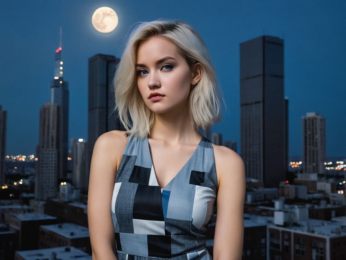 Young woman on rooftop with city skyline at night