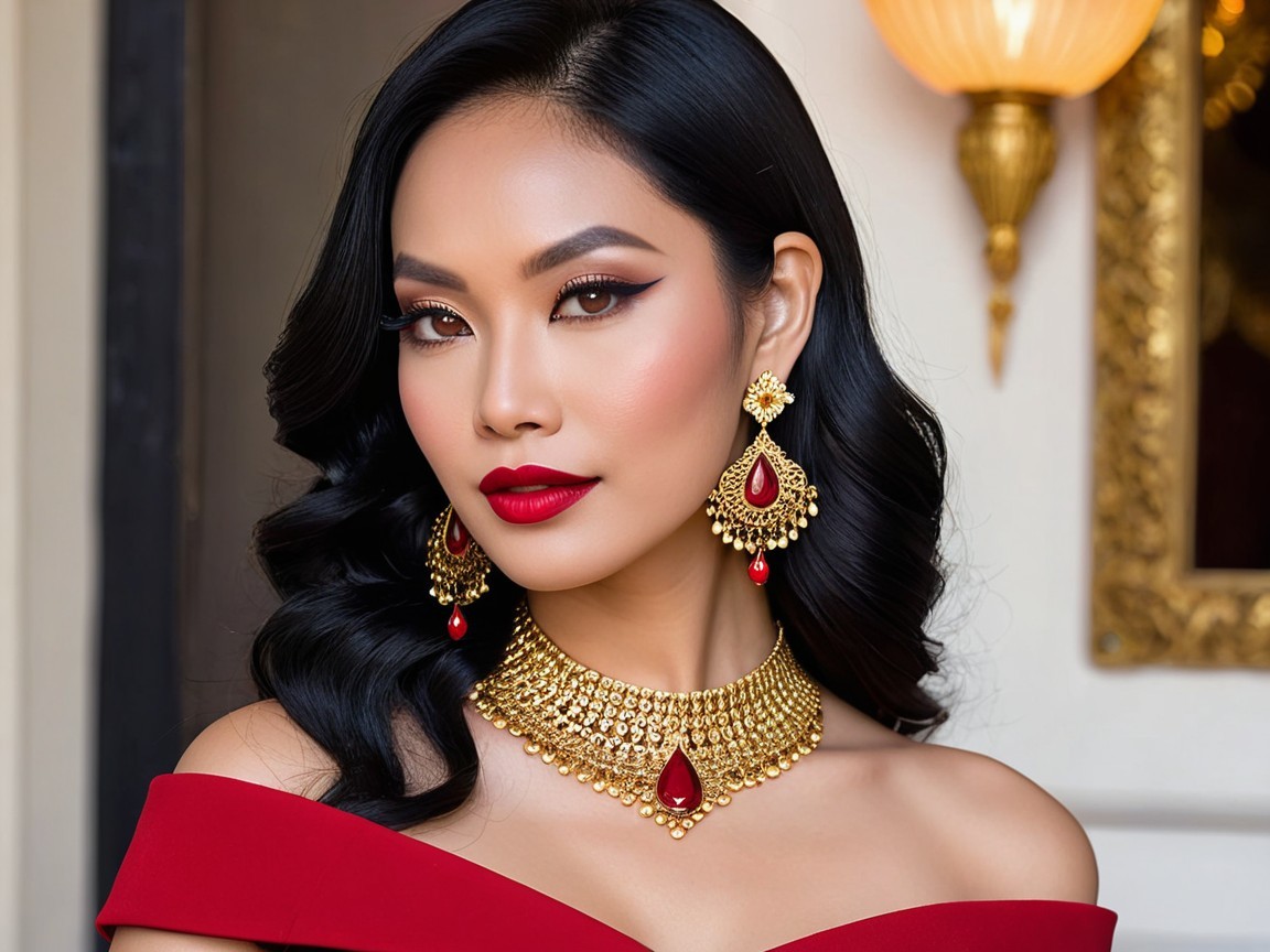 Elegant Woman in Red Gown with Luxurious Jewelry