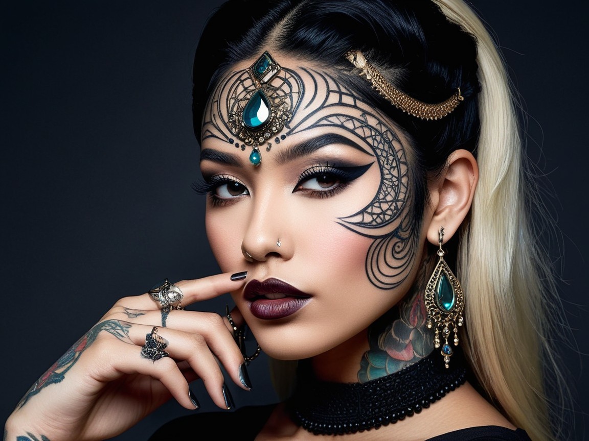 Woman with Intricate Facial Tattoos and Bold Makeup