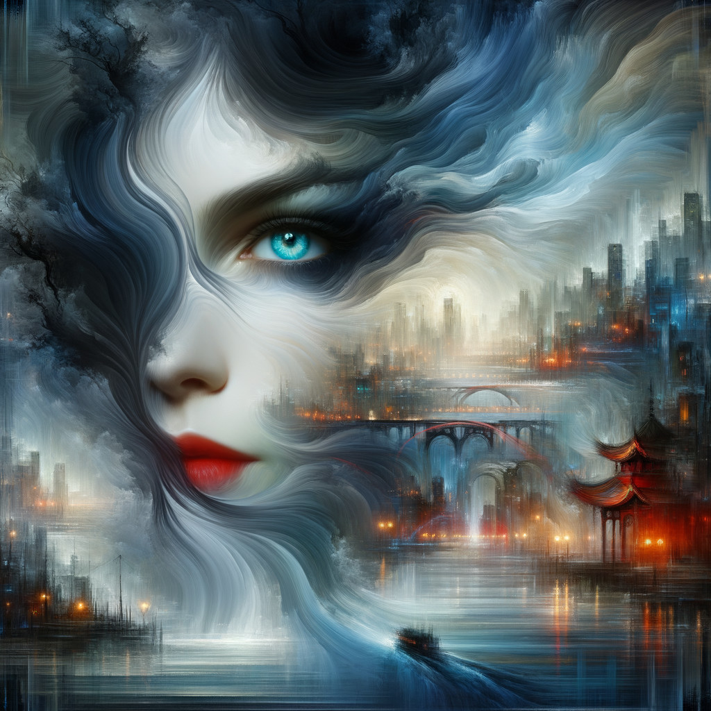 Ethereal Woman with Blue Eyes in Dreamlike Cityscape