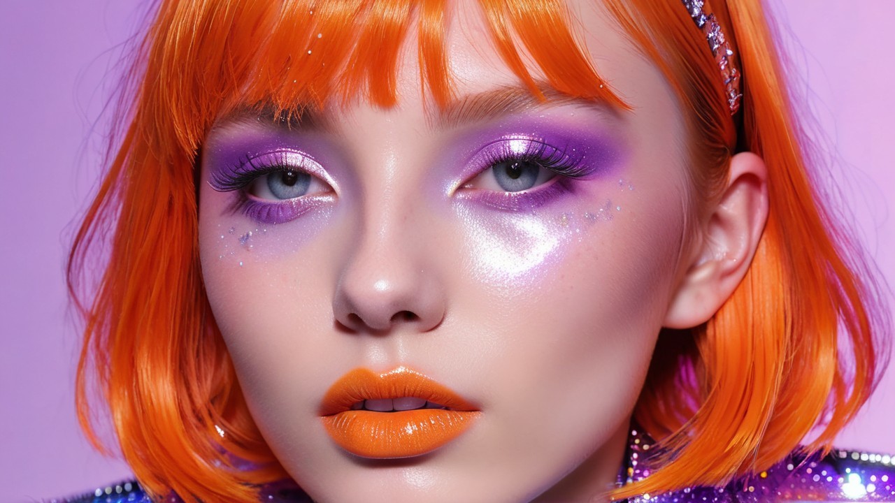 Portrait of a model with vibrant orange hair and makeup