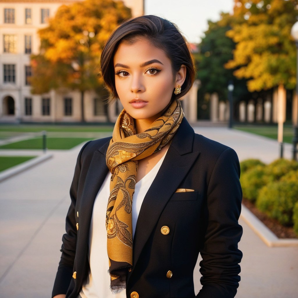 Young woman in black blazer with gold accents outdoors