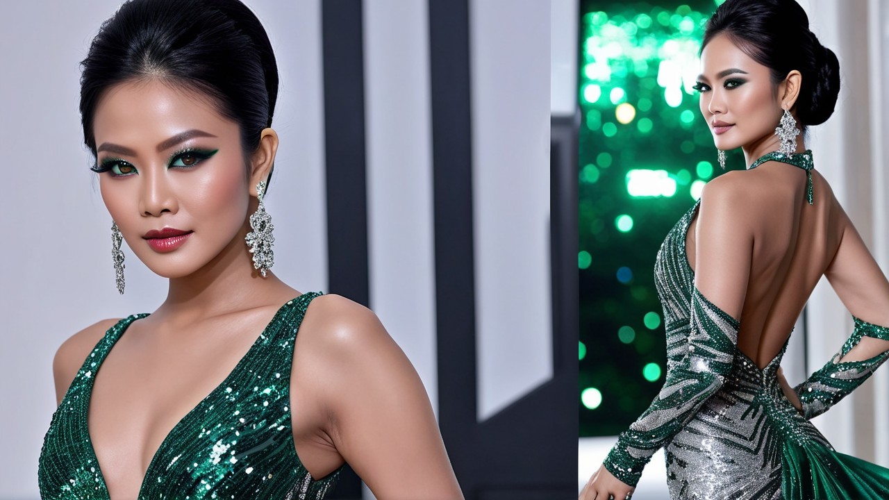 Elegant woman in shimmering green gown with sequins