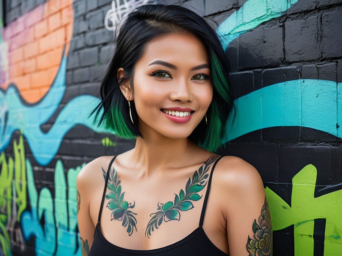 Young woman with black bob and vibrant green tips