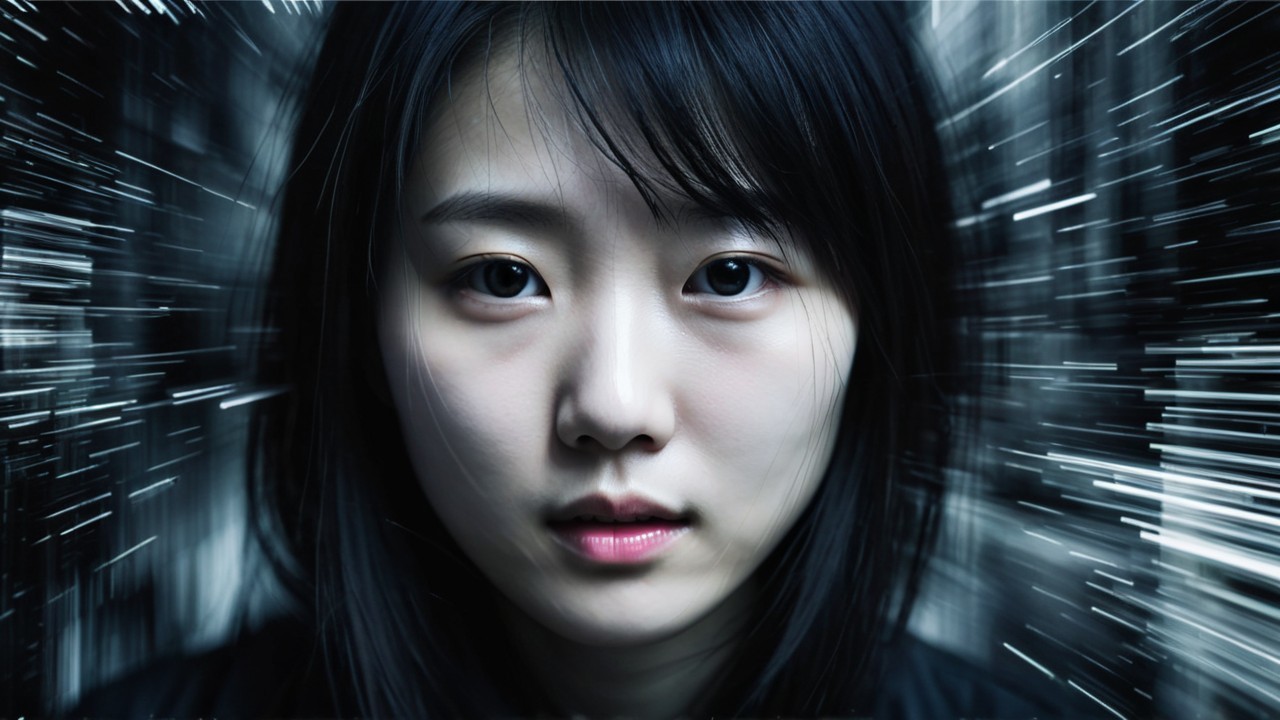 Close-Up Portrait of a Young Woman with Motion Background