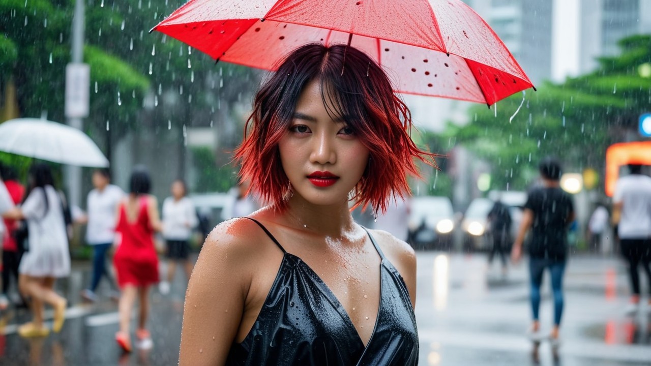 Young Woman with Red Umbrella in Rainy City Scene
