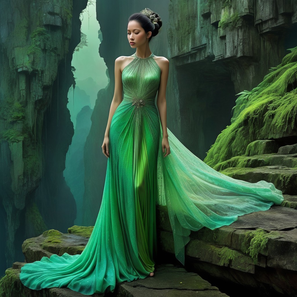 Woman in Enchanting Green Dress in Mystical Landscape