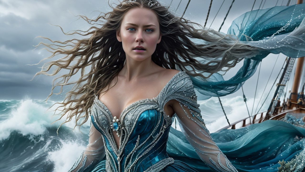 Figure on Ship in Turbulent Seas with Ornate Dress
