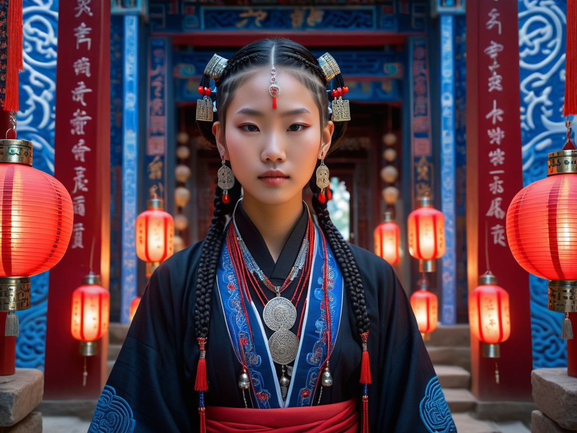 Young Woman in Traditional Attire with Lanterns and Architecture