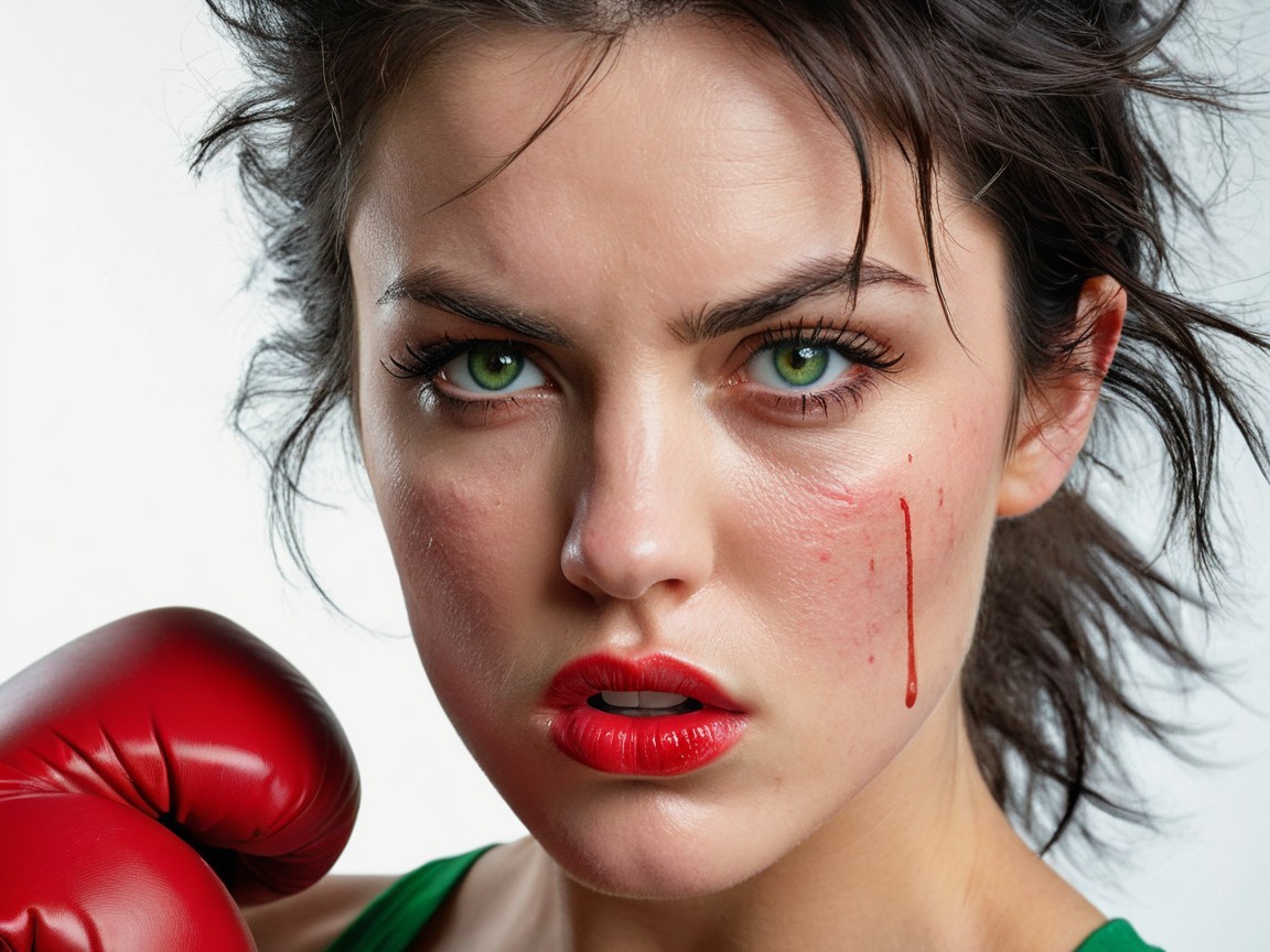 Close-up of a fierce female boxer with green eyes
