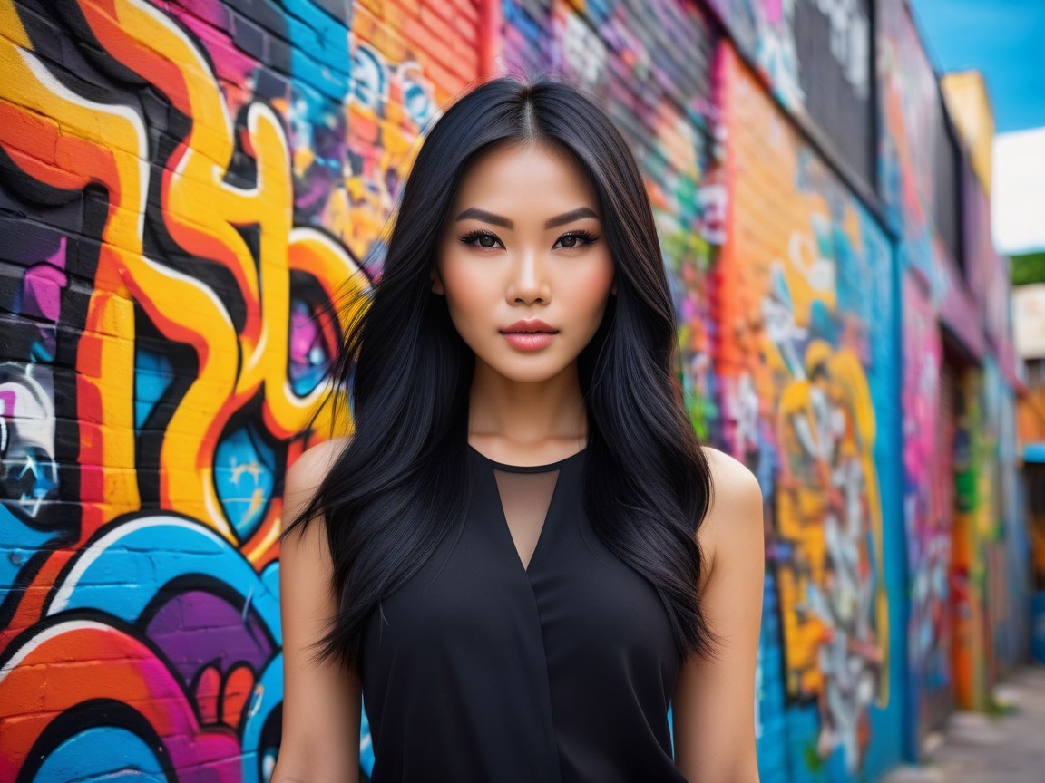 Confident Woman Posed Before Vibrant Graffiti Wall