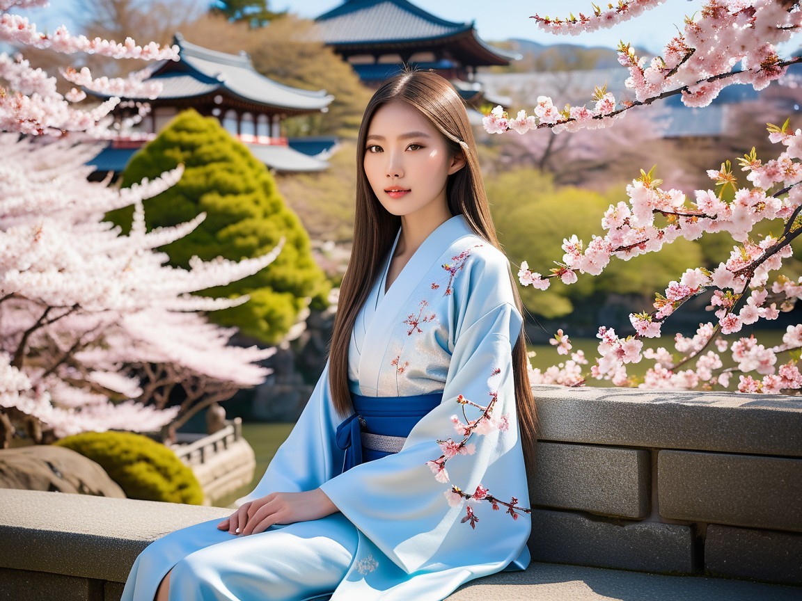 Young Woman in Blue Kimono Amid Cherry Blossoms