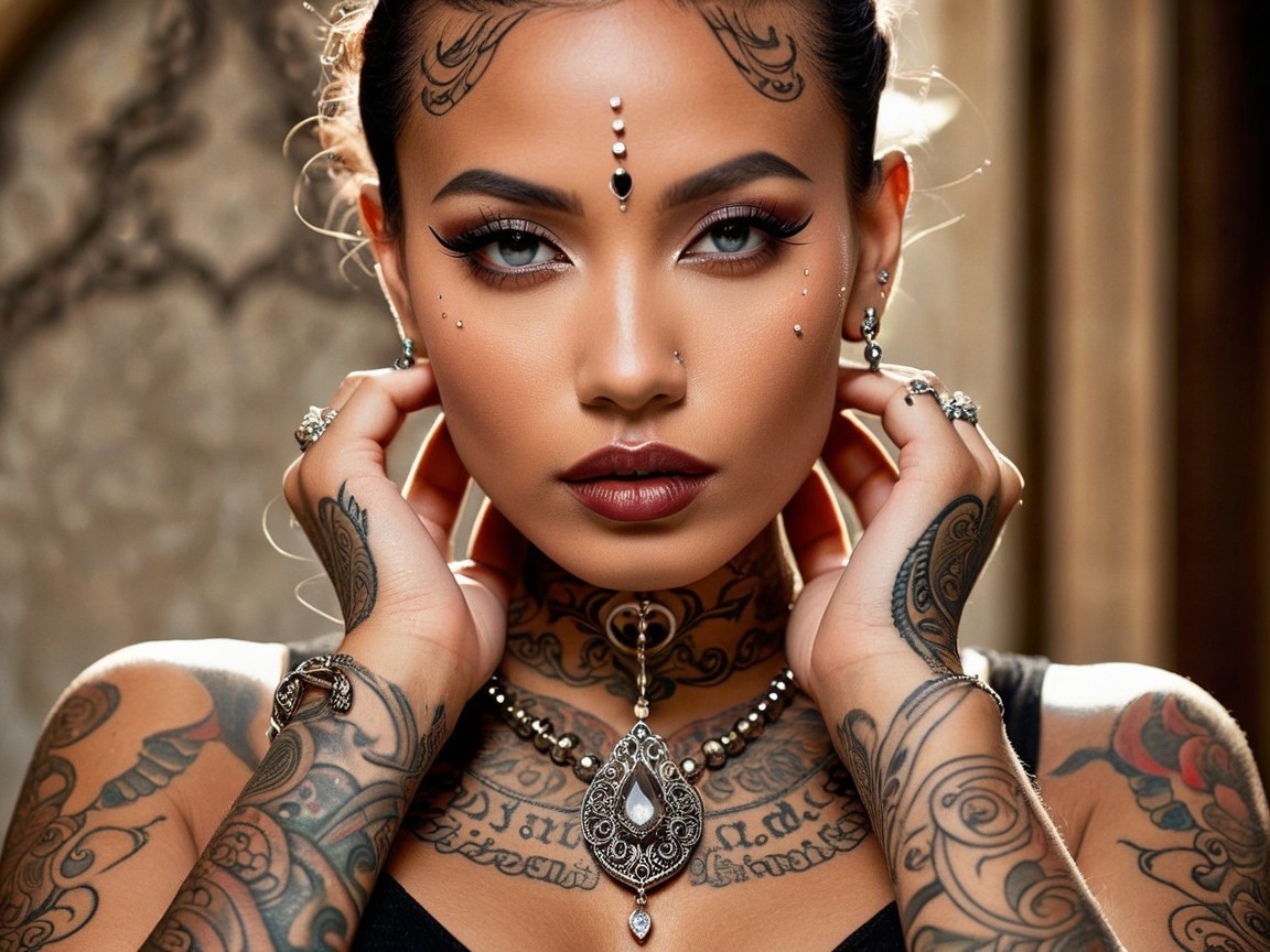 Portrait of a Woman with Tattoos and Bold Makeup