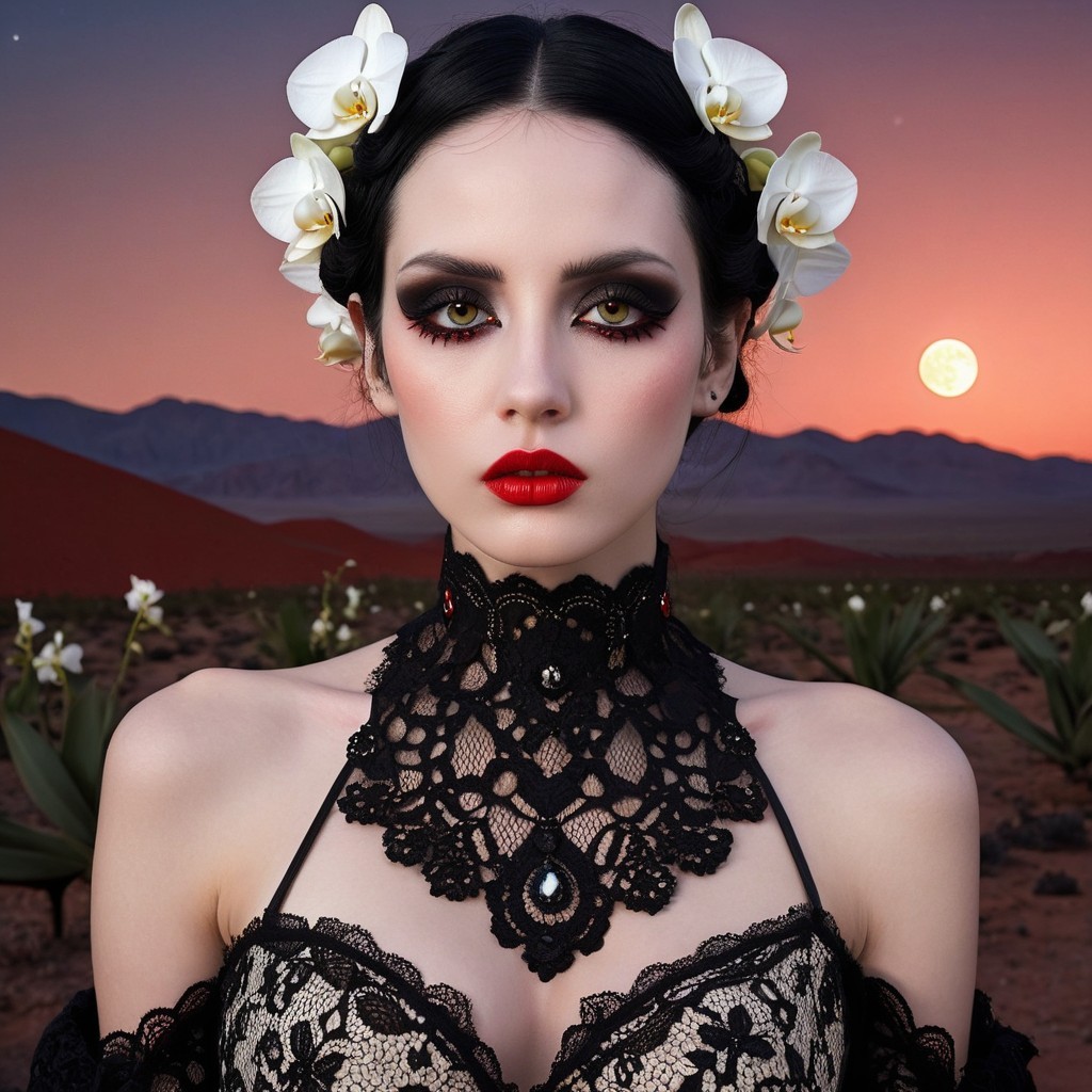 Striking Woman with Dramatic Makeup in Desert Sunset