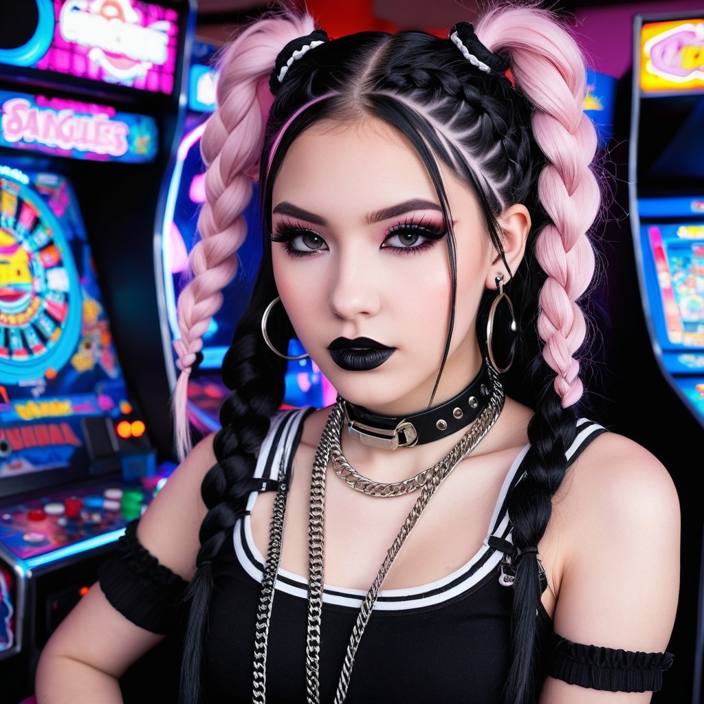 Young person with black and pink braided hair at arcade