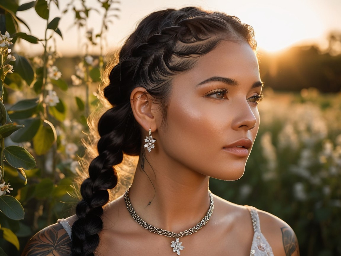 Young woman in sunlit field with floral accessories