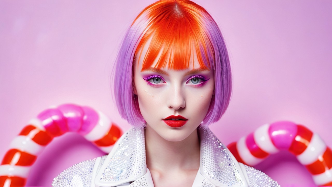 Vibrant Bob Hairstyle with Bold Makeup and Whimsical Background